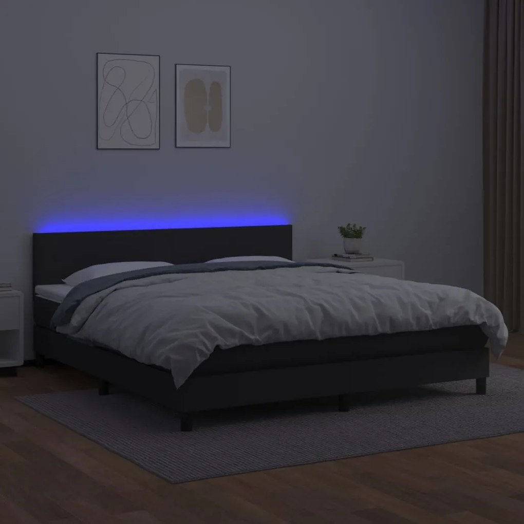 Cama box spring c/ colchão/LED 160x200cm couro artificial preto