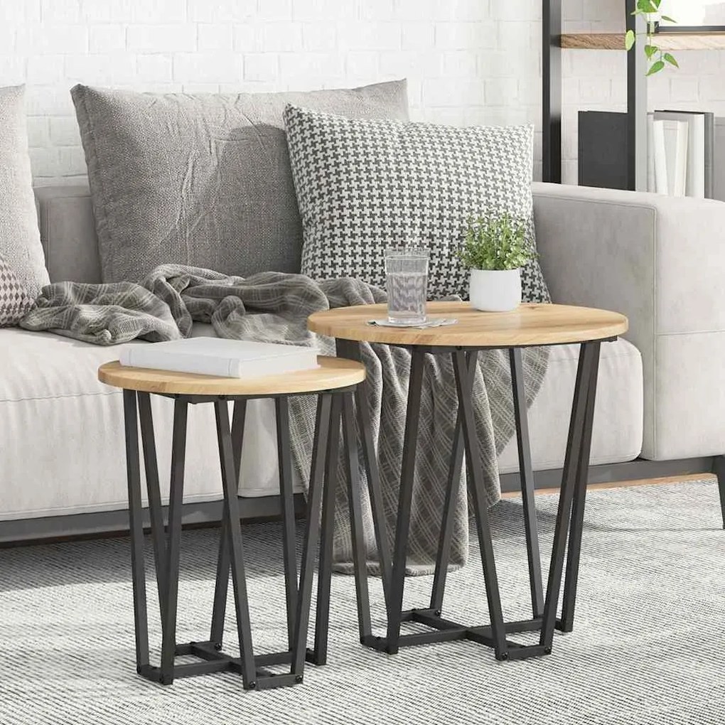 Conjunto de Mesas Laterais 2 pcs Carvalho Artesanal em Madeira e Metal