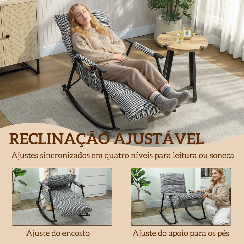 Poltrona Baloiço com Encosto e Apoia-Pés Ajustáveis 105° Estofada em Linho com Bolso Lateral e Estrutura de Metal Preto e Branco