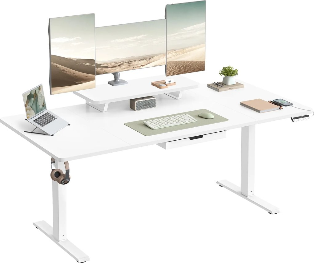 Secretária elétrica com altura ajustável 160 x 80 x (82,5-130,5) cm, suporte para monitor e USB Branca