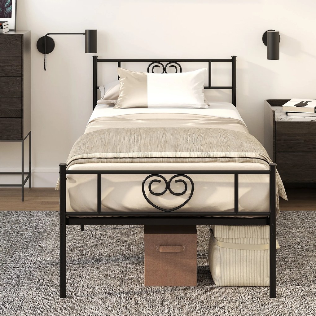 Estrutura de Cama Individual de Metal 31cm para Colchão 90x190cm com Cabeceira com Forma de Coração Estrutura de Cama com Espaço em Baixo de Armazenam