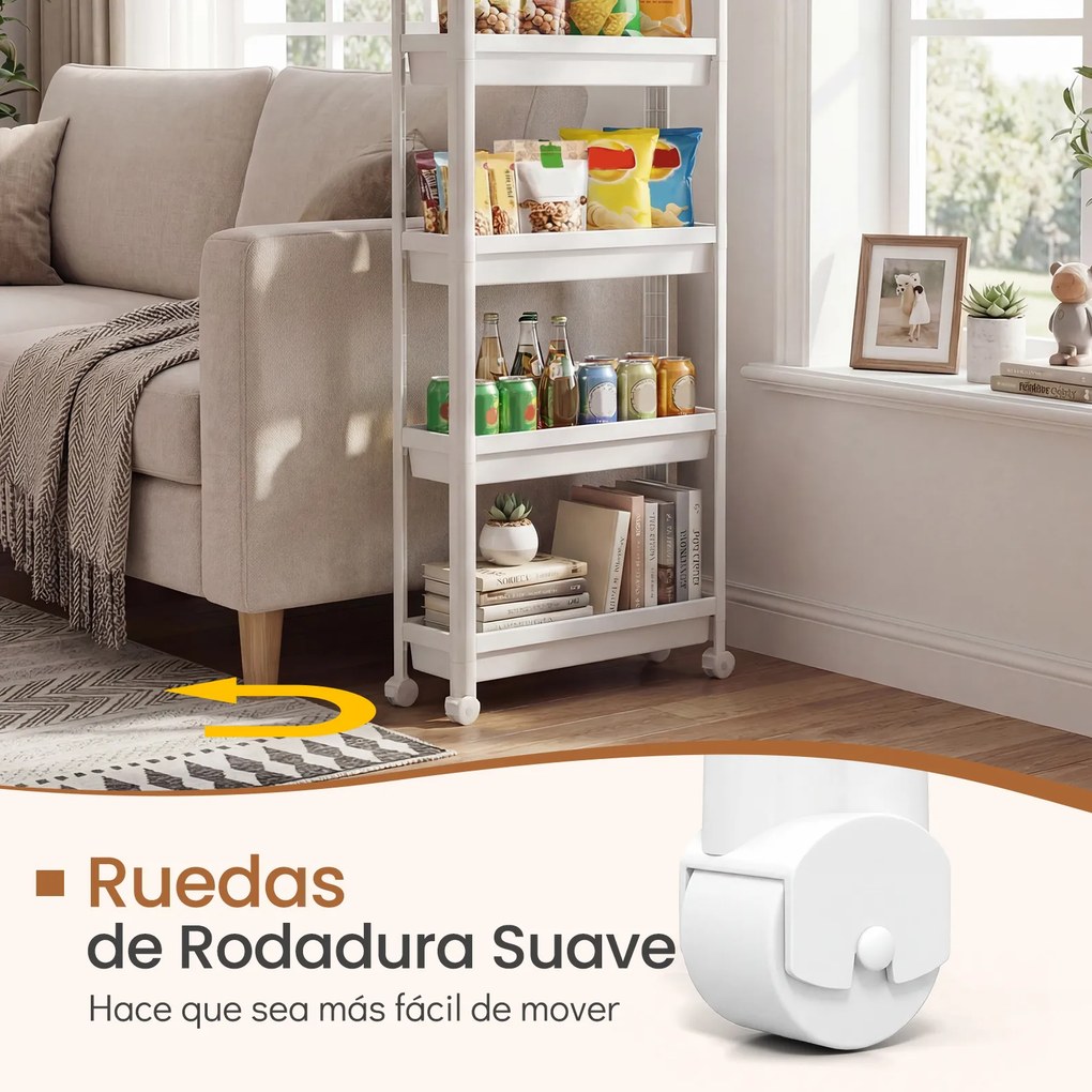 Carrinho de 5 prateleiras, estreito, com rodas suaves 54 x 18,5 x 124 cm em PP Organizador multifuncional para casa de banho, cozinha e lavandaria Bra
