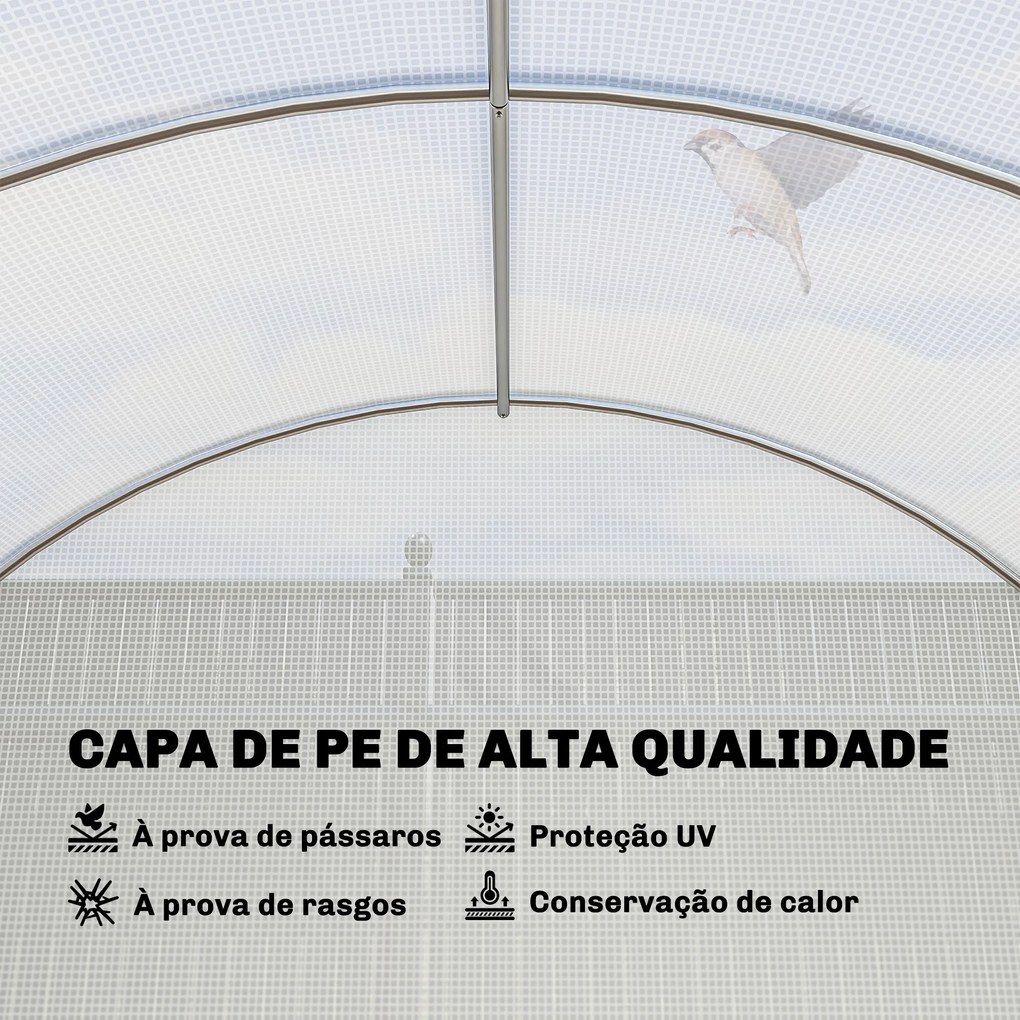 Estufa de Túnel 6x3x2 m com Porta de Dobradiças,12 Janelas com Rede e Estrutura de Aço Galvanizado Branco