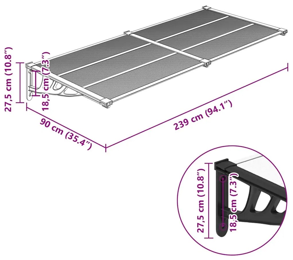 Toldo para porta 239x90 cm policarbonato preto/transparente