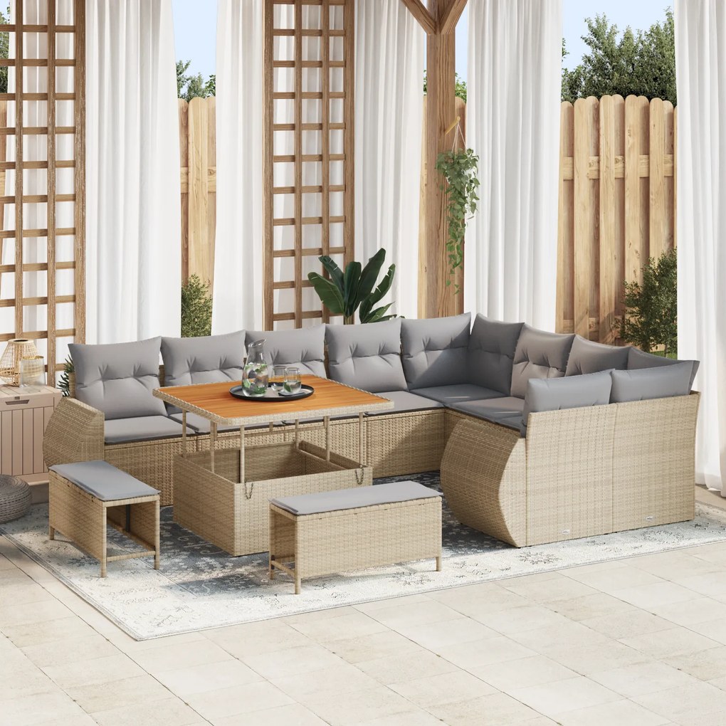 Conjunto de Sofá de Jardim vidaXL de 12 Peças com Almofadas Bege em Po