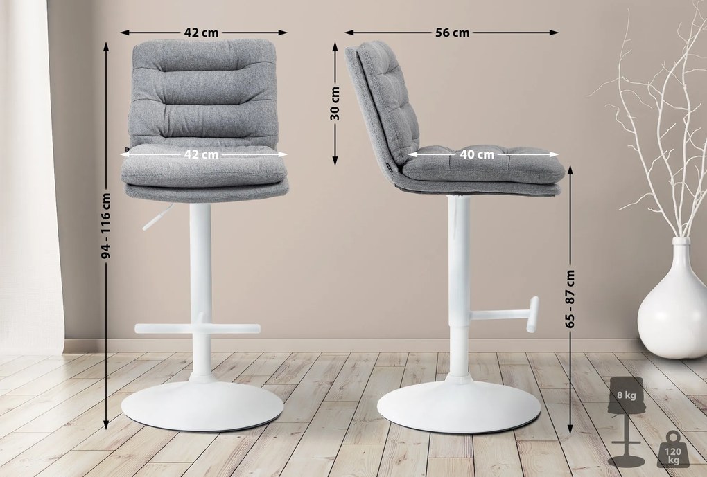 Banco de bar Damar em tecido com estrutura branca 94-116 x 42 x 56 cm Cinzento