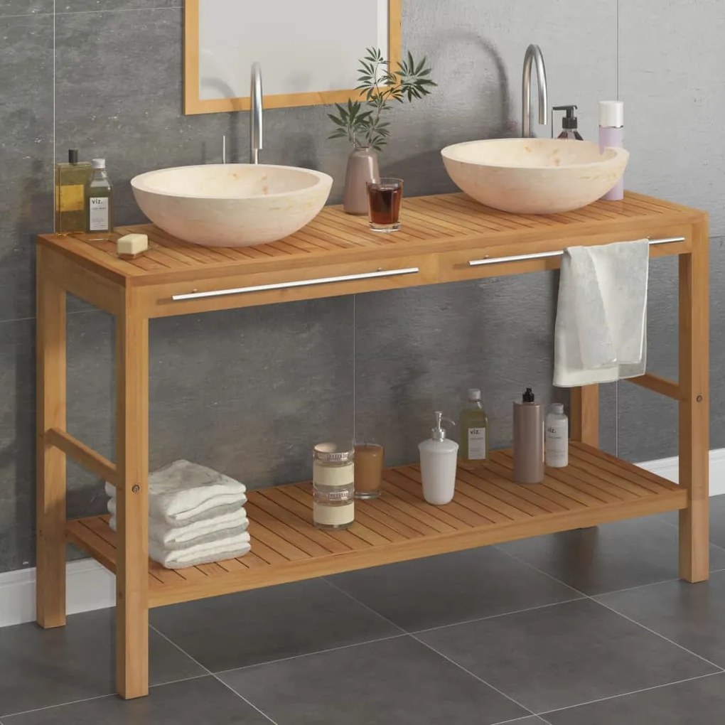 vidaXL Armário de casa de banho teca maciça + lavatórios mármore creme