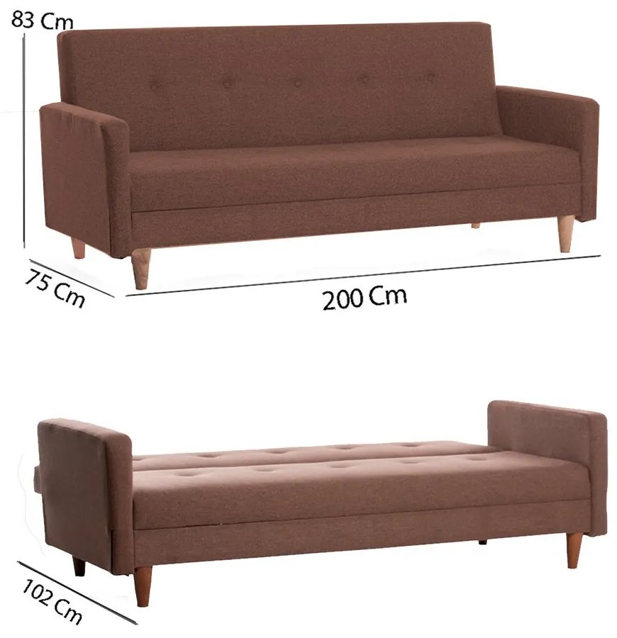 Sofá-Cama 3 Lugares Hiko – Castanho – 200 x 83 x 75 cm