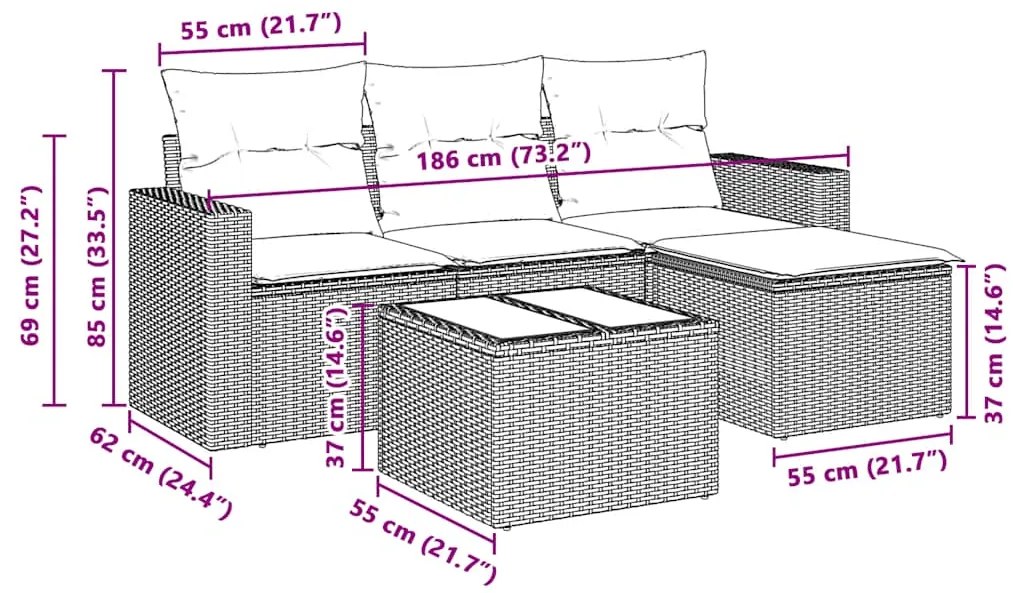 5 pcs conj. sofás jardim c/ almofadões vime PE cinzento-claro