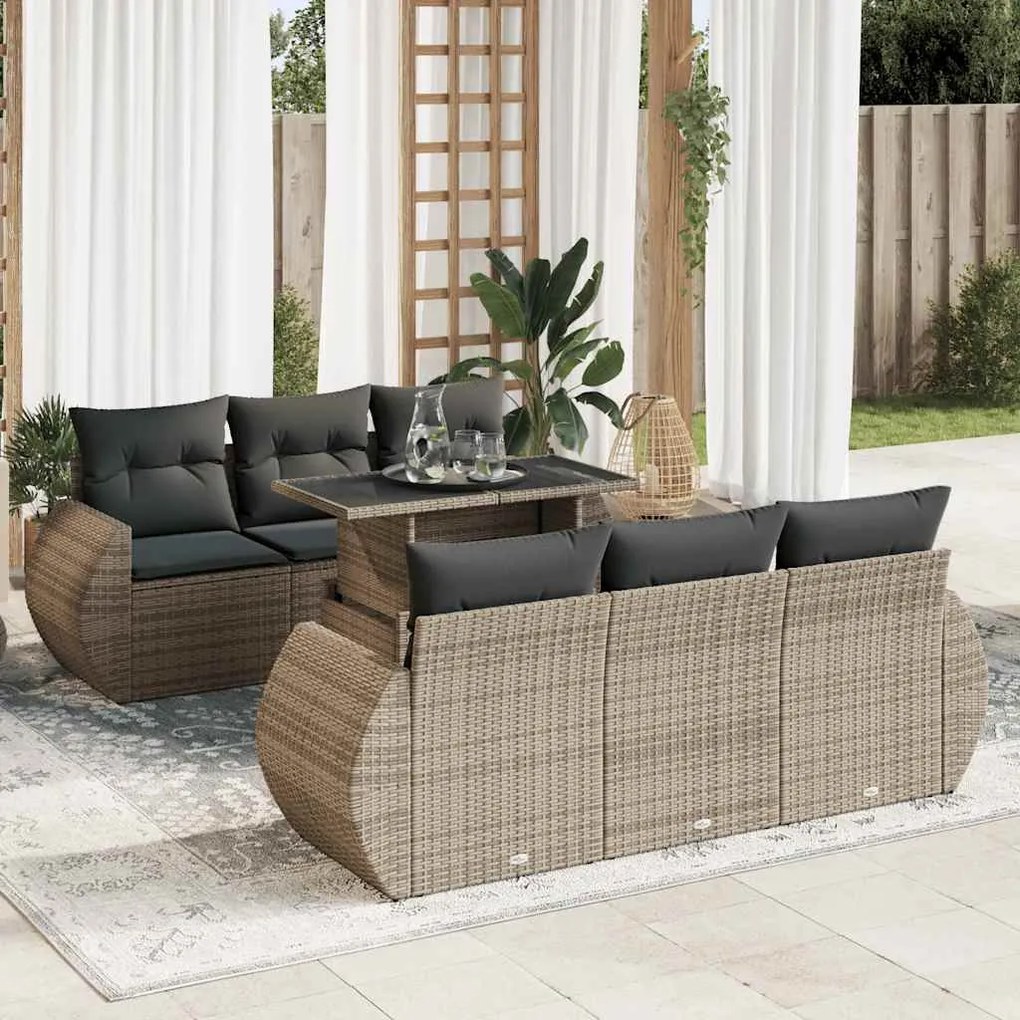 7 pcs conjunto sofás p/ jardim c/ almofadões vime PE cinzento