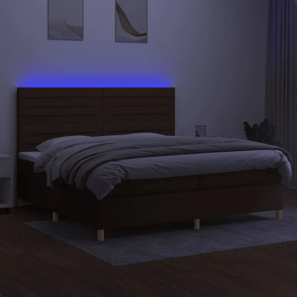 Cama box spring c/ colchão/LED 200x200cm tecido castanho-escuro