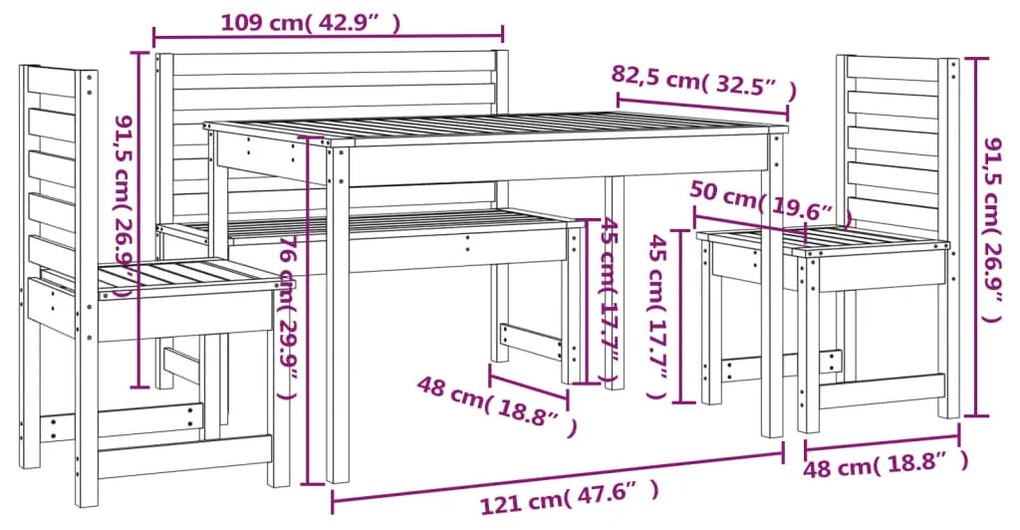 4 pcs conjunto de jantar p/ jardim madeira de pinho maciça