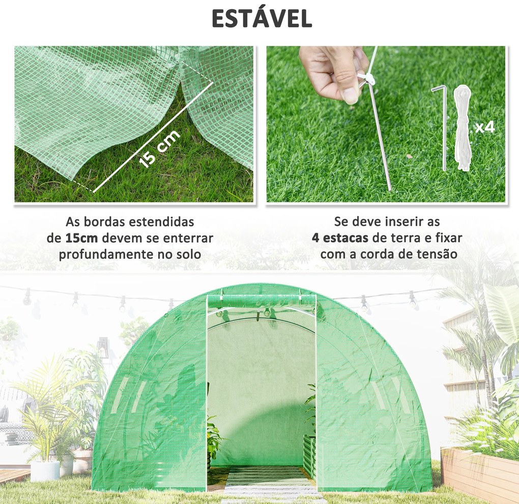 Estufa Tipo Túnel 3x3x2 m com Paredes Laterais Enroláveis 4 Janelas de Malha e Porta Enrolável com Fecho de Correr Verde