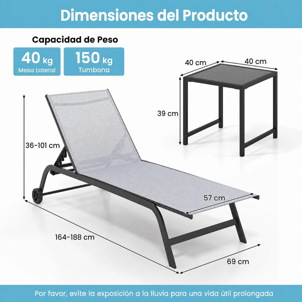 Conjunto de 2 Peças, Espreguiçadeira de Exterior e Mesa Auxiliar, 188-164 x 69 x 36-101 cm, Encosto Regulável em Seis Posições, Cinzento