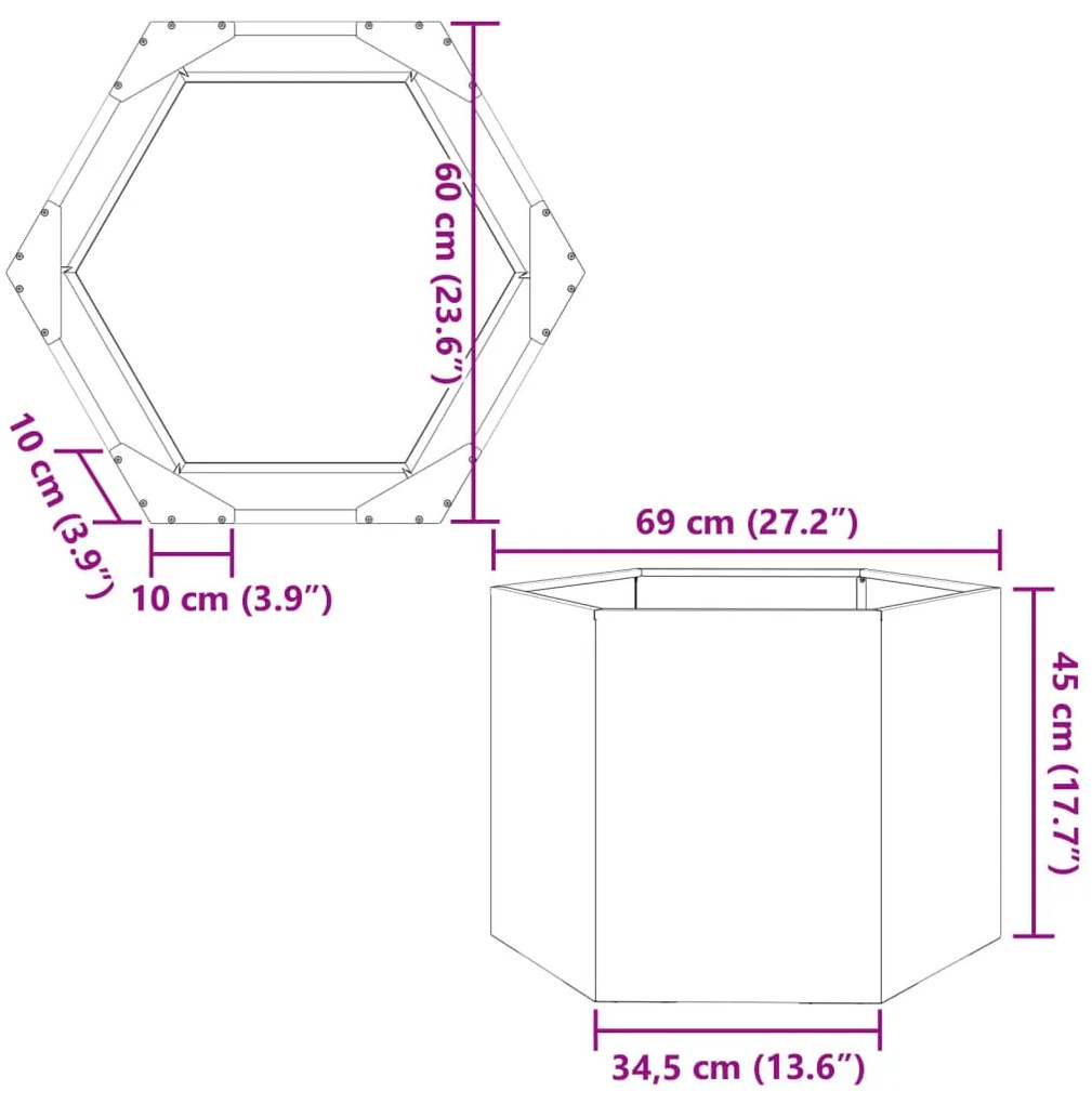 Vaso/floreira de jardim hexagonal 69x60x45 cm aço antracite