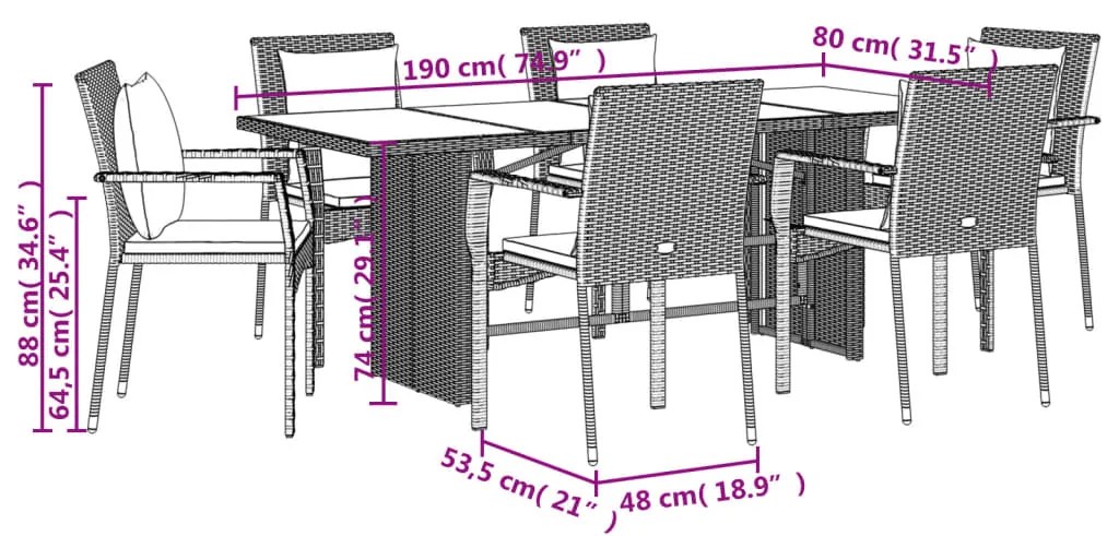7 pcs conjunto de jantar p/ jardim c/ almofadões vime PE preto