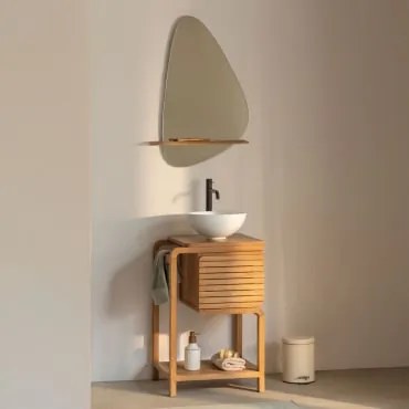 Conjunto De Móveis De Banheiro Em Madeira De Teca Bradley Cerâmica Branca Redonda Ø30 Cm Calgari & Irregular Com Prateleira De Madeira 55x85 - Sklum
