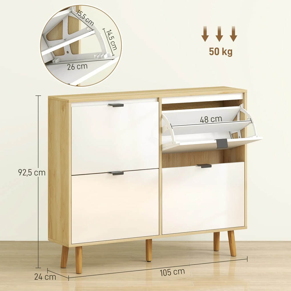 Sapateira Estreita com 4 Portas em Branco Brilho Prateleiras Ajustáveis Pernas de Madeira para 20 Pares de Sapatos 105x24x92,5 cm