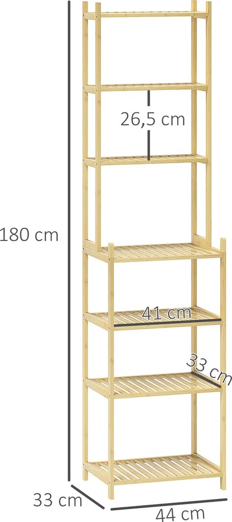Estante de Casa de Banho de Bambu de 7 Níveis Estante de Arrumação com Desenho de Ripas 44x33x180 cm Madeira