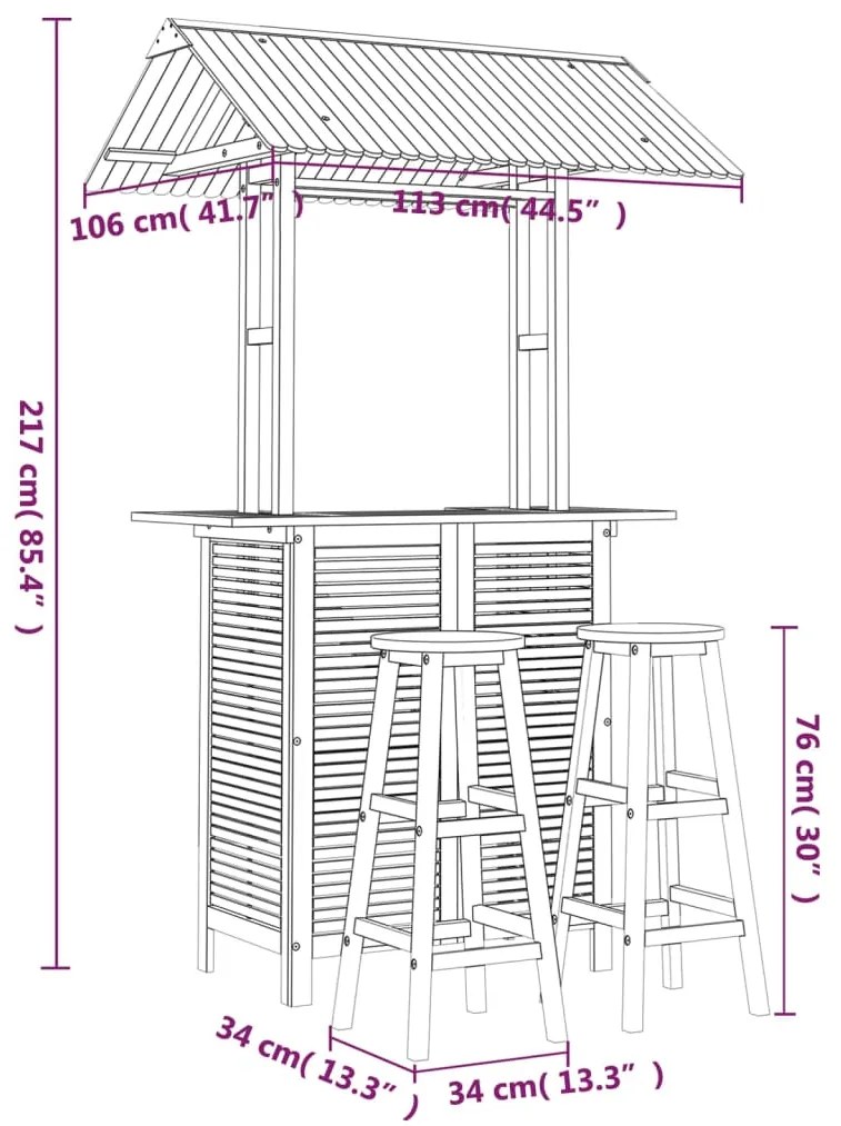 3 pcs conjunto de bar para jardim madeira de acácia maciça