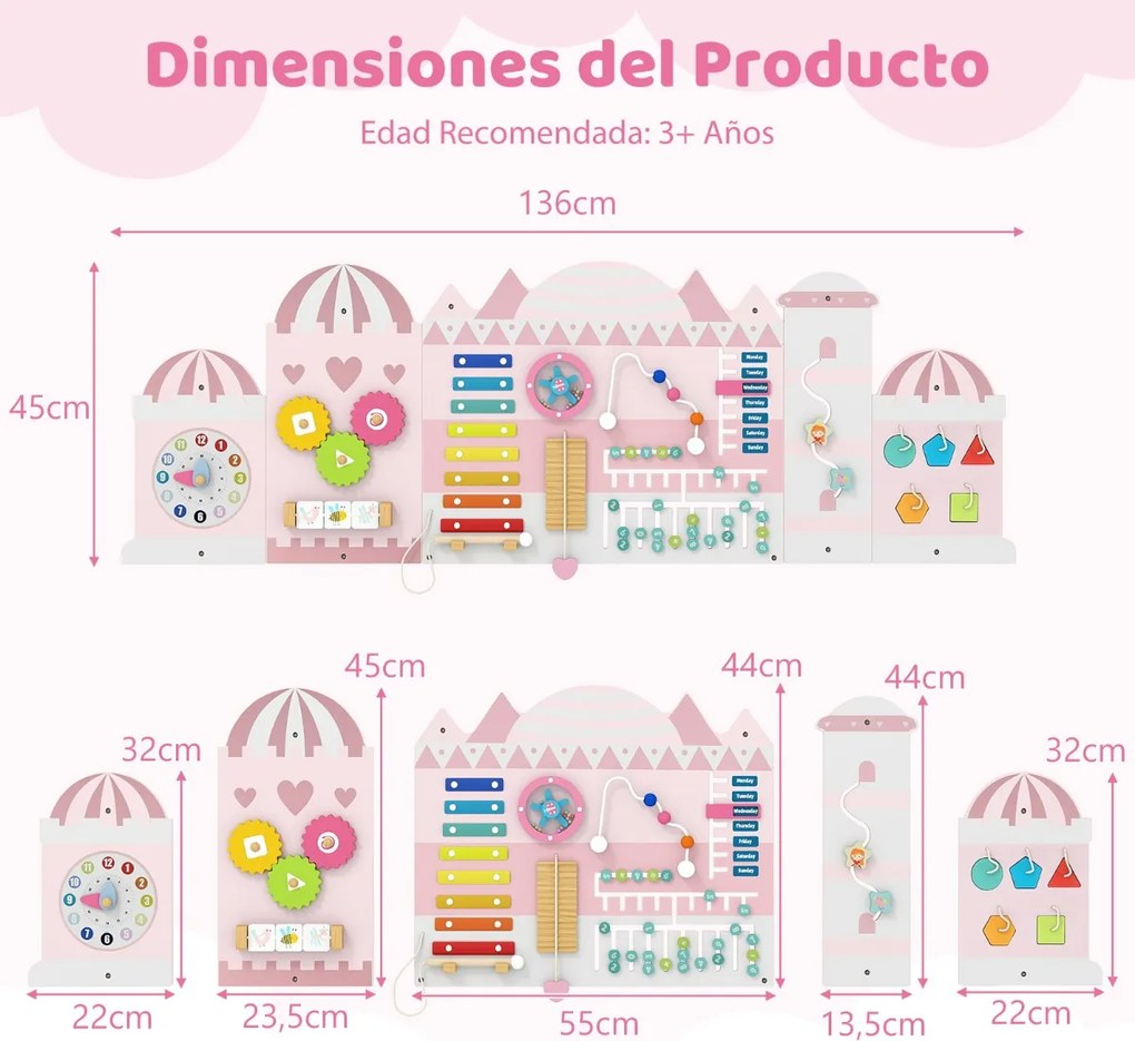 Painel de atividades para crianças Quadro sensorial Montessori de madeira 11 em 1 para a educação e o desenvolvimento precoce Rosa
