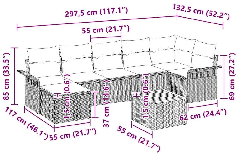 Conjunto de Sofá de Jardim com 8 Peças e Almofadas em Palha Rústica Be