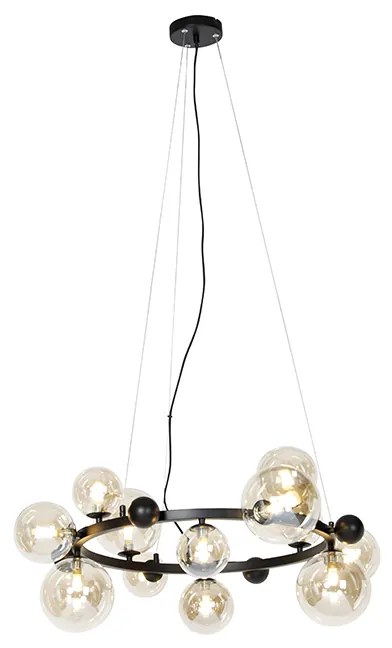 Candeeiro de suspensão Art Deco preto com vidro âmbar 12 luzes - David Art Deco