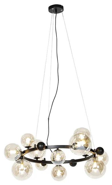 Candeeiro suspenso art déco preto com vidro âmbar 12 luzes - David Art Deco
