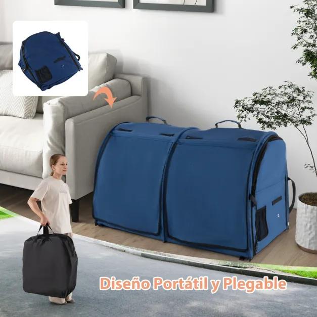 Transportadora portátil para pequenos animais com 2 redes removíveis, tapetes de dupla utilização e bandeja sanitária com carga de 60 kg Azul