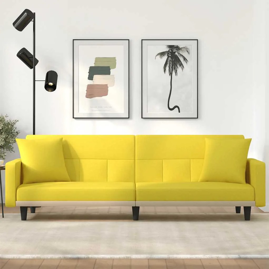 Sofá-cama com almofadões tecido amarelo-claro