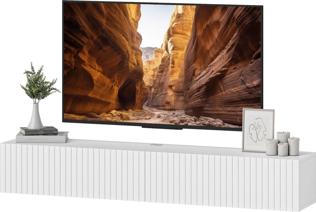 Móvel de TV suspenso de 140 cm, móvel para televisor de 72 polegadas, 2 portas rebatíveis, 140 x 25 x 22 cm, branco