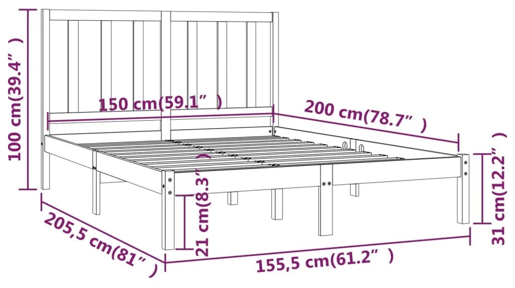 Estrutura de cama 5FT King 150x200 cm pinho maciço cinzento