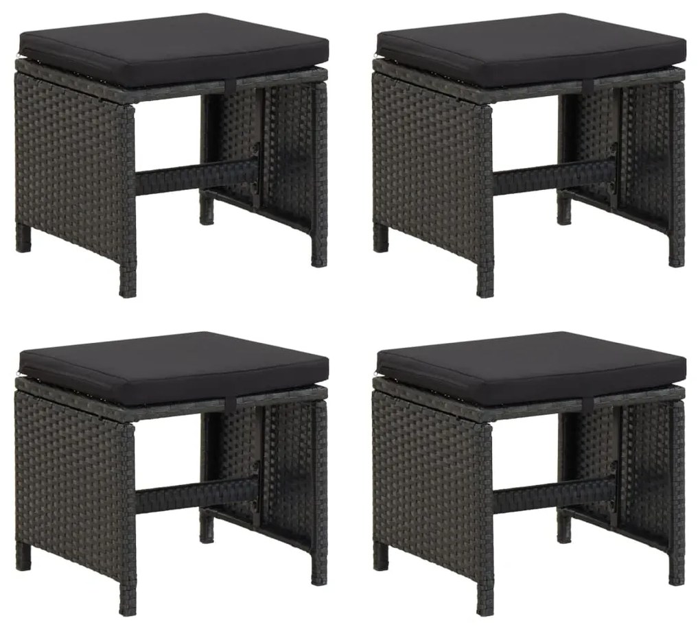 Bancos de jardim 4 pcs com almofadões vime PE preto