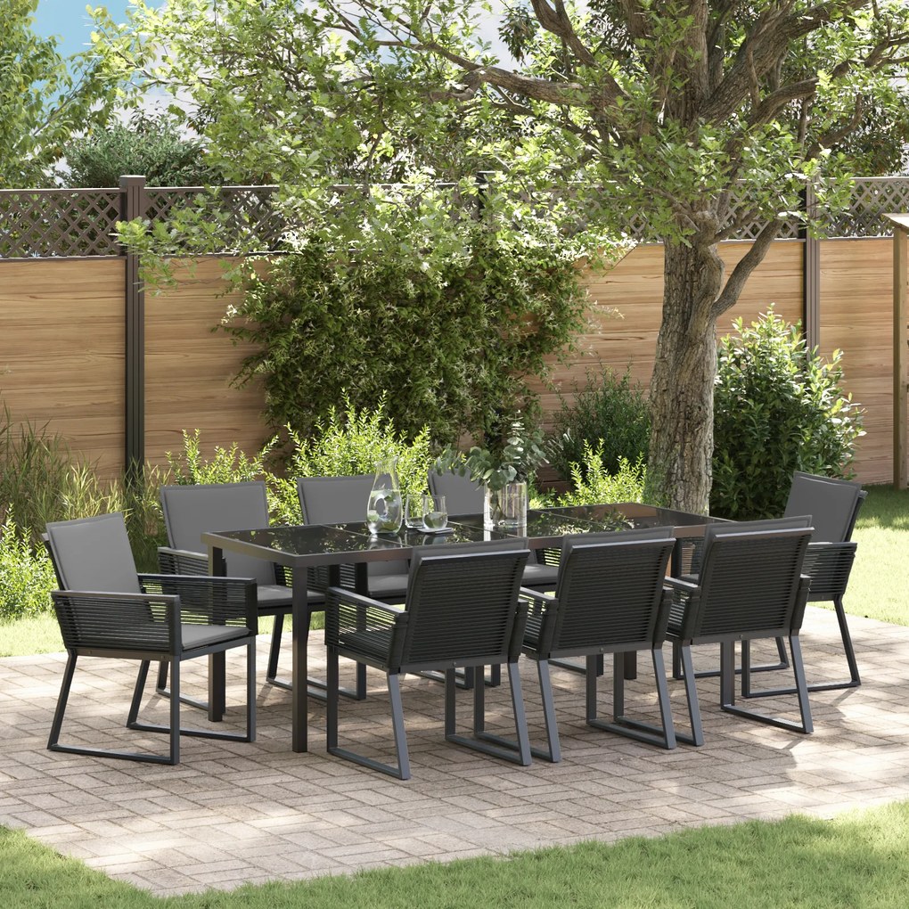 Conjunto de Jantar de Jardim 9 Peças com Almofadas Preto Vime PE