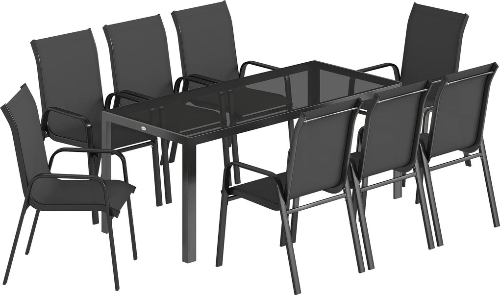 Outsunny Conjunto de Jantar para Jardim 9 peças Mesa e Cadeiras para 8 Pessoas Conjunto Externo com Tampo em Vidro Temperado Preto | Aosom Portugal