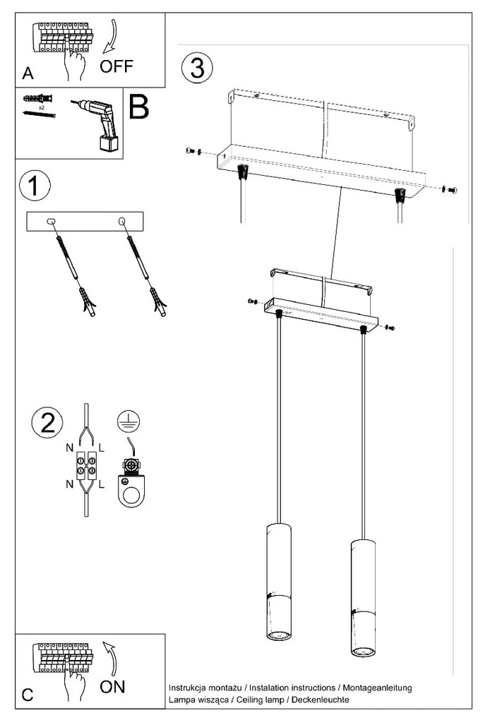 Candeeiro de Teto Suspenso AÇO LOOPEZ 2 Lampâdas Preto/Cobre