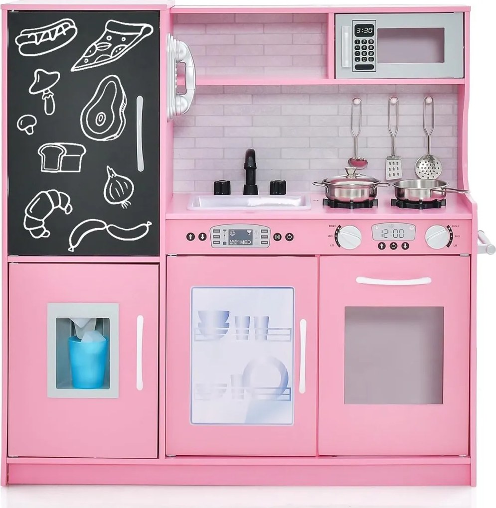 Cozinha de brincar para crianças 82 x 24 x 80 cm com quadro negro, telefone e sons simulados, vários acessórios de madeira, para idades entre 3 e 6 an