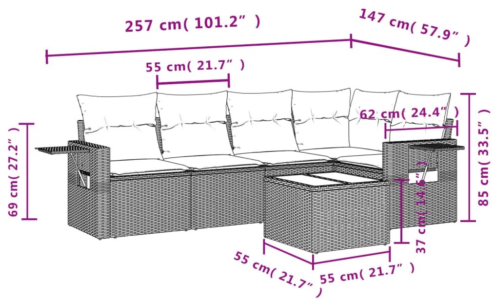 6 pcs conjunto de sofás jardim c/ almofadões vime PE castanho