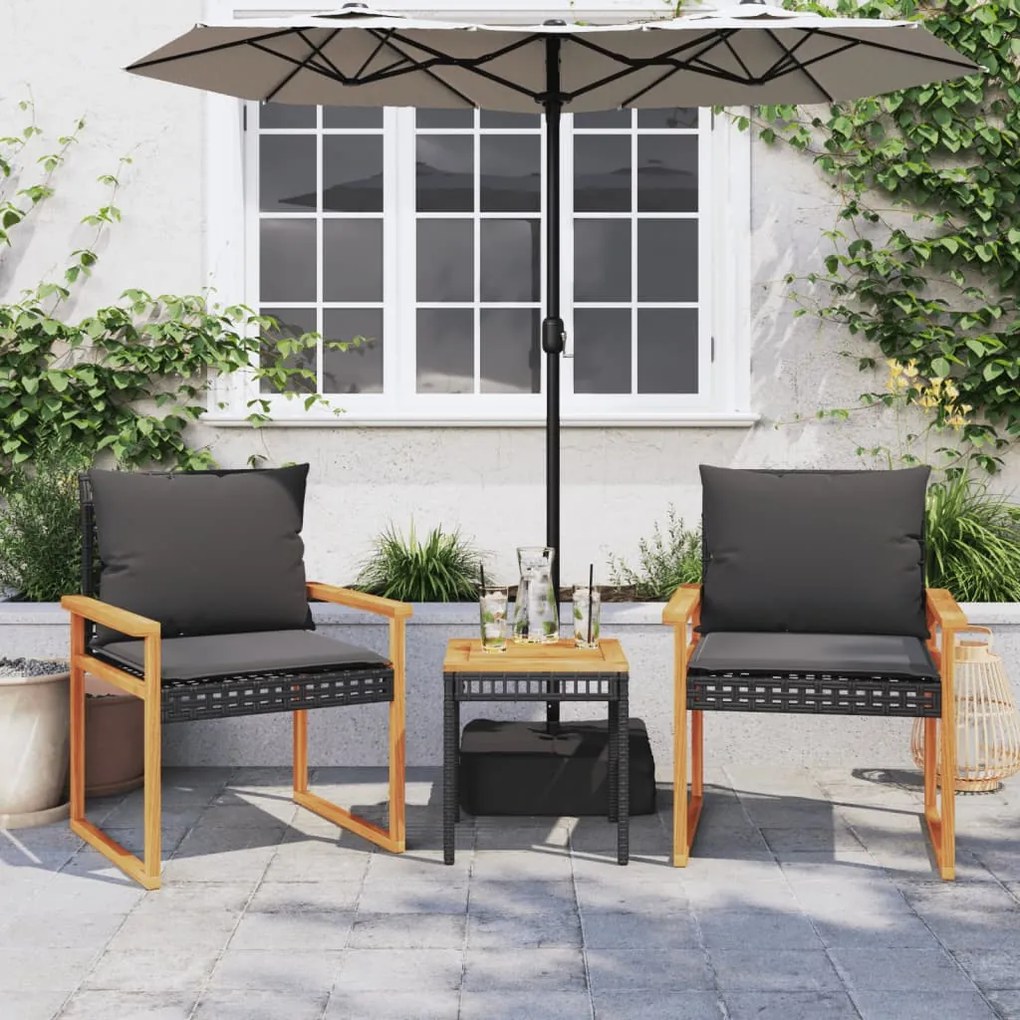 Conjunto de bistrô com almofadões 3 pcs vime PE e acácia preto