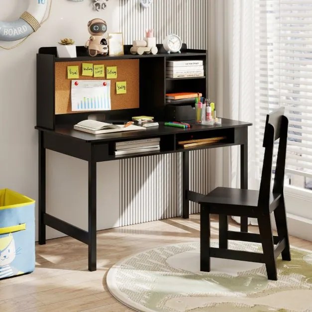Conjunto de secretária e cadeira infantil em madeira com prateleira de cortiça, estação de computador para quarto, escola, Preta