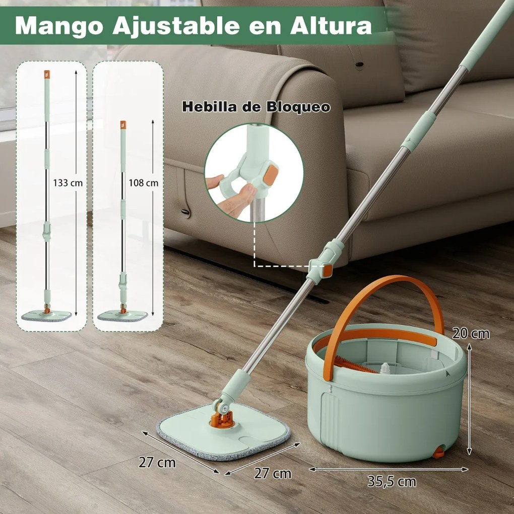 Conjunto de esfregona e balde com escorredor para pisos lisos com 8 panos de microfibra laváveis, esfregona para limpar paredes, mãos livres, verde