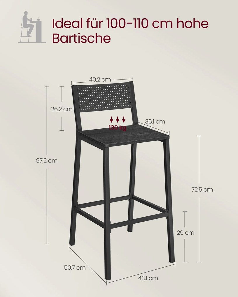 Conjunto de 2 bancos de bar de design industrial em antracite e preto