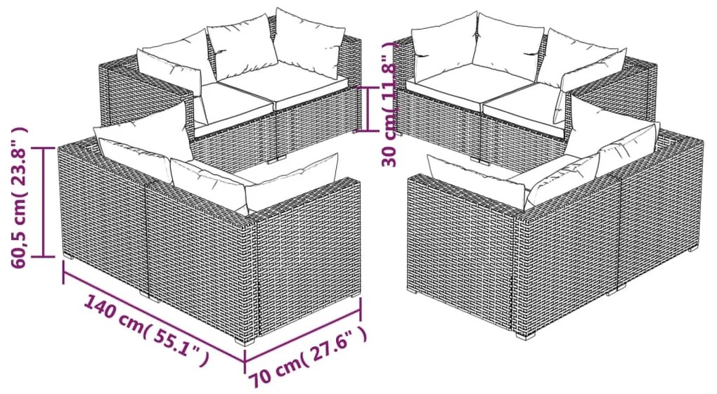 8 pcs conjunto lounge jardim c/ almofadões vime PE castanho