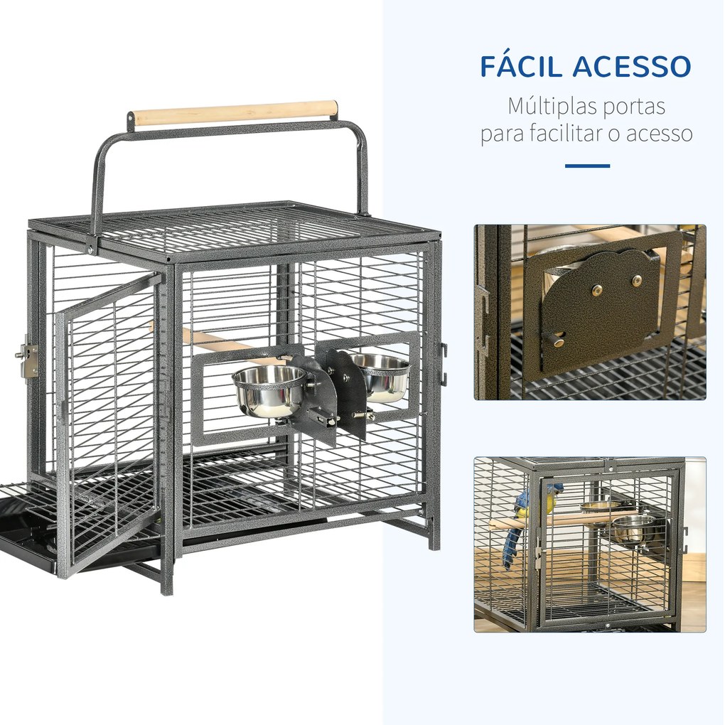 Gaiola para Pássaros Portátil com 2 Poleiros de Madeira Comedouros de Aço Inoxidável e Bandeja Amovível 48x38x47,8 cm Preto