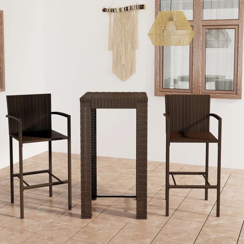 vidaXL 3 pcs conjunto bar exterior c/ apoio de braços vime PE castanho