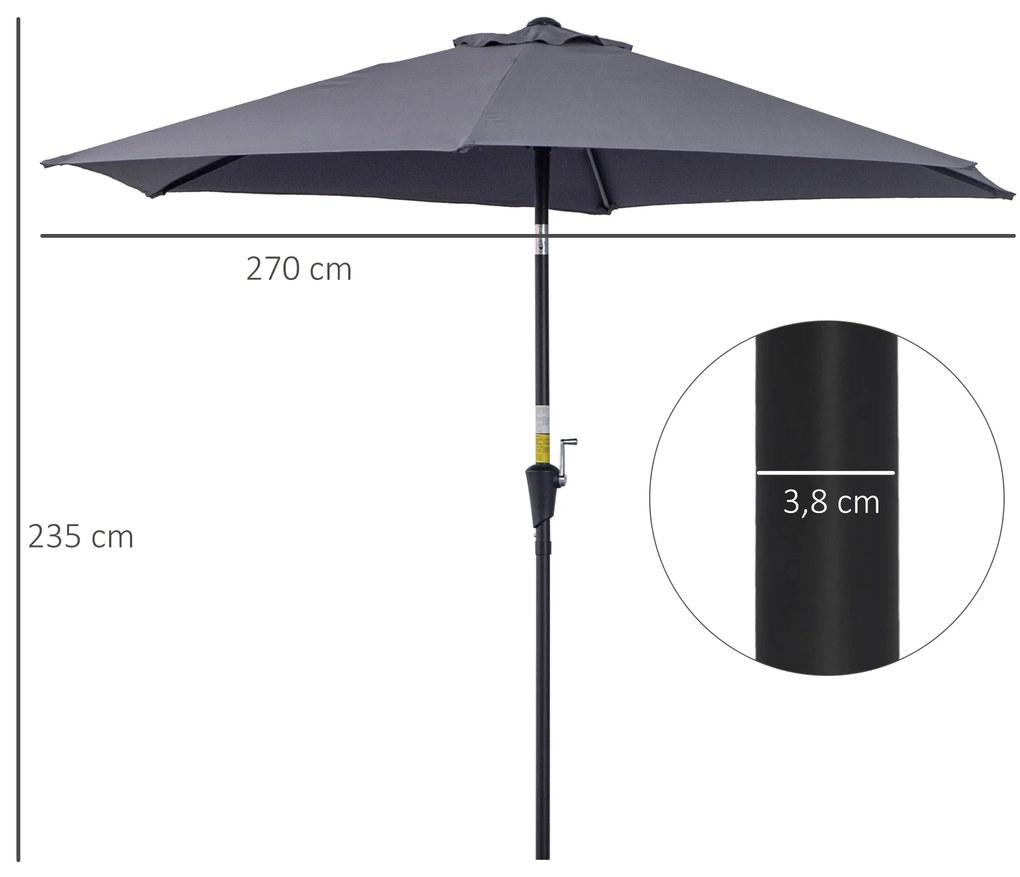 Outsunny Chapéu de Sol de Jardim Ø270x235cm Chapéu de Sol de Alumínio Reclinável com Manivela e 6 Hastes para Terraço Exterior Balcão Cinza