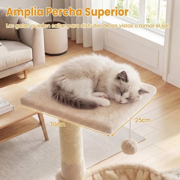 Arranhador para gatos 40 x 40 x 64 cm com rede, postes revestidos a sisal e bola de brincar bege
