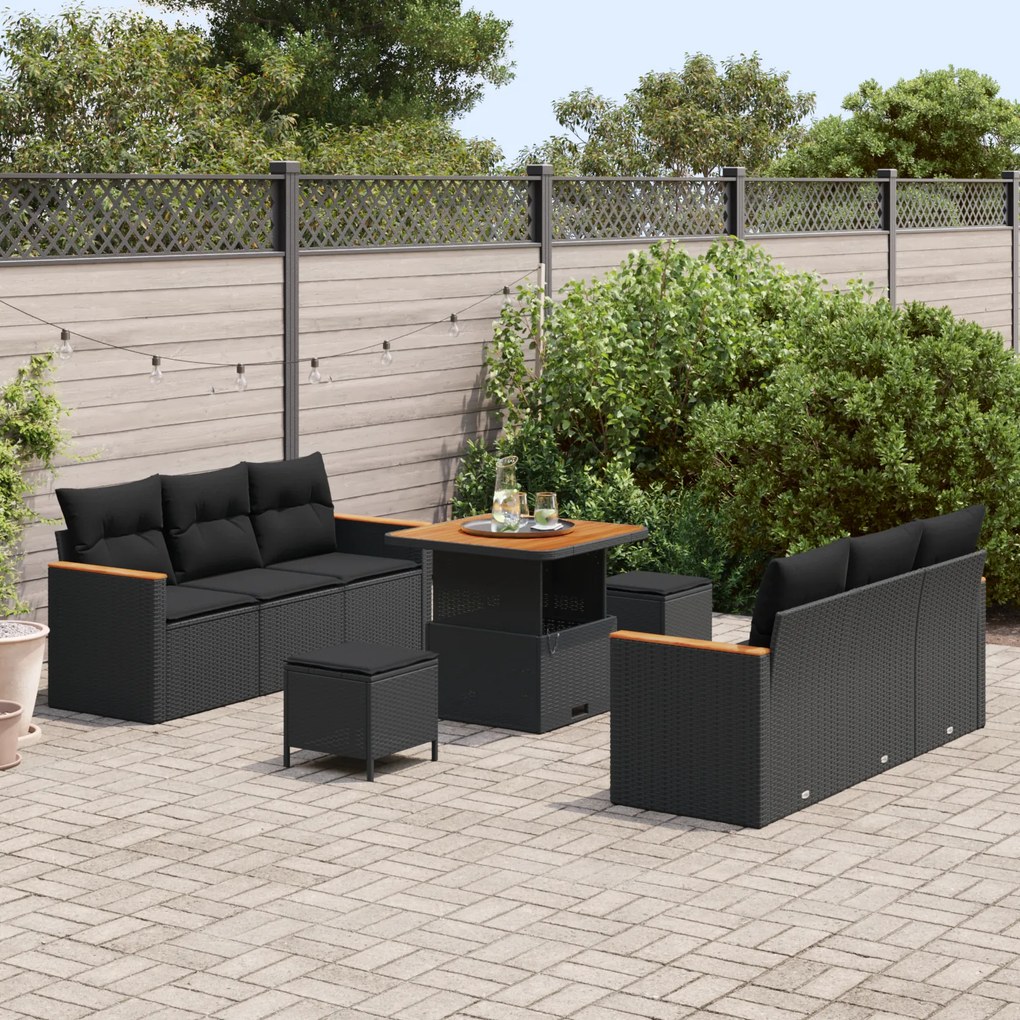 Conjunto de Sofá de Jardim em 9 Peças com Almofadas Preto Rattan Polip