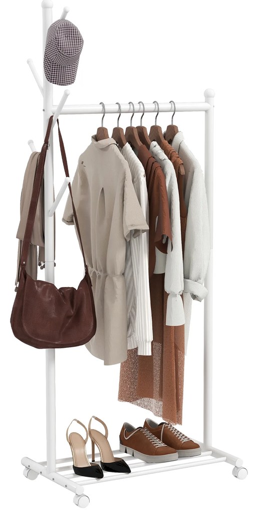 Guarda Roupa com Rodas 5 Ganchos Barra para Pendurar e Prateleira Inferior 68x43x171 cm Branco