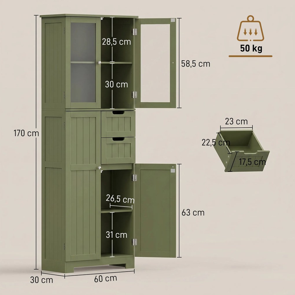Armário alto de arrumação, 60 (L) x 30 (P) x 170 (A) cm com portas de vidro e prateleiras ajustáveis, para casa de banho, cozinha e sala de estar, ver